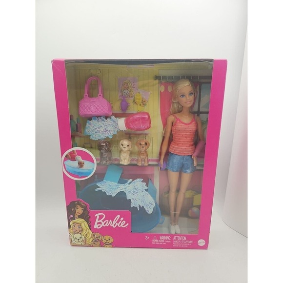 Mattel Barbie Puppy Bath Time Doll Set With Extra Outfits Box Damage - Picture 2 of 9